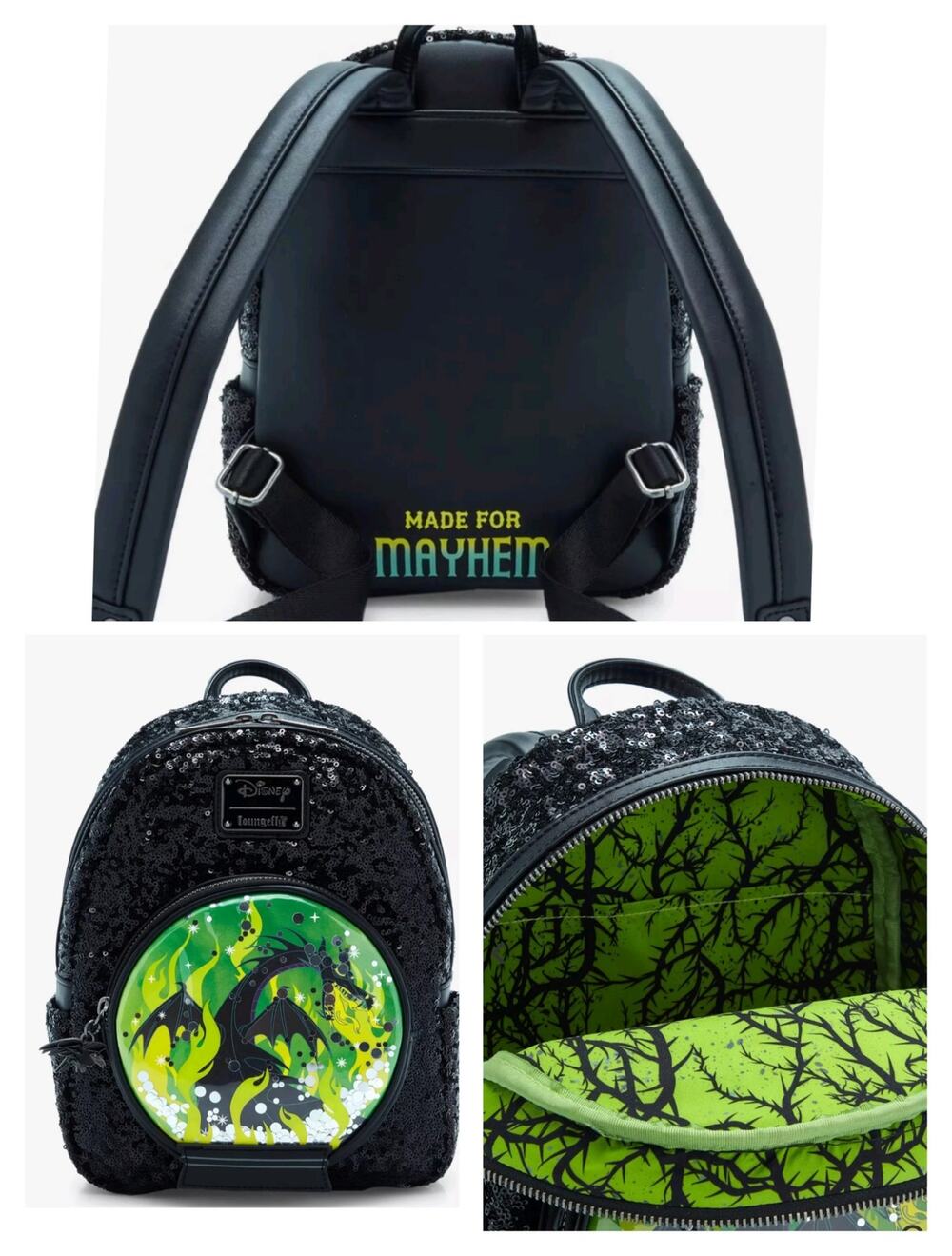 5915(Loungefly Disney Sleeping Beauty Maleficent Snow Globe Sequin Mini Backpack